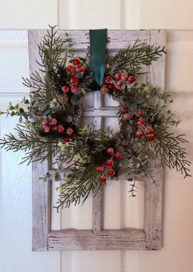 Window Pane with Grapevine Wreath