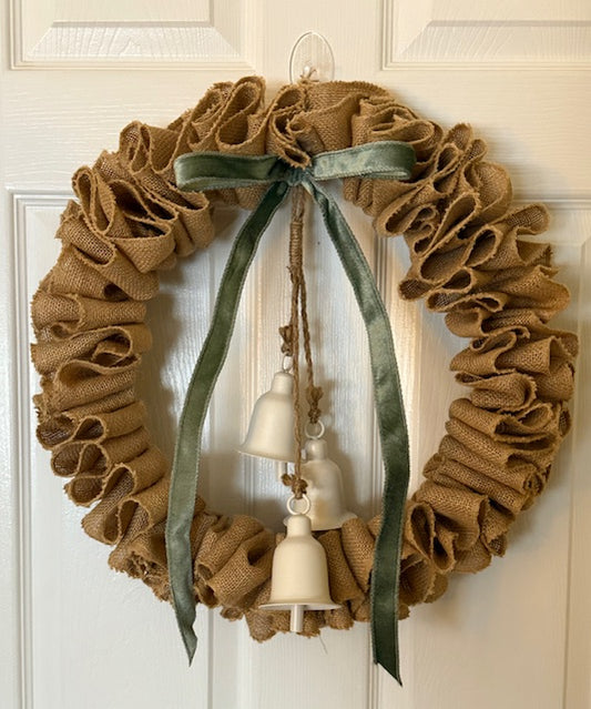 Burlap Wreath with Velvet Ribbon and Bells